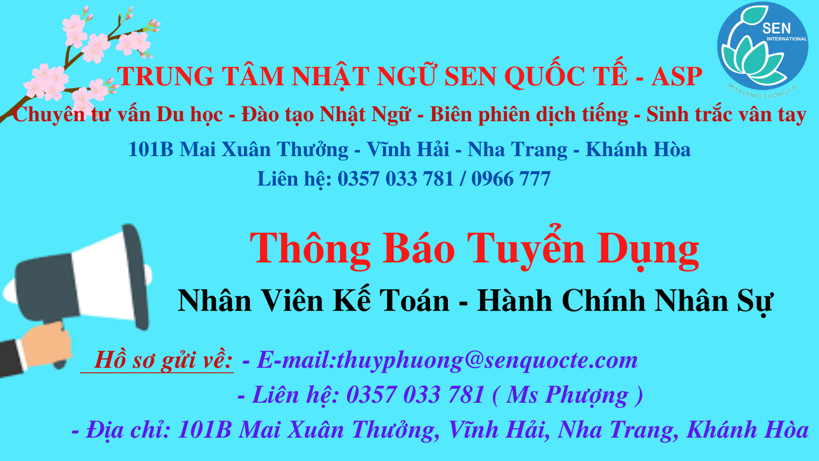 Trung Tâm Nhật Ngữ Sen Quốc Tế – ASP Thông Báo Tuyển Dụng Nhân Viên Kế Toán - Hành Chính Nhân Sự